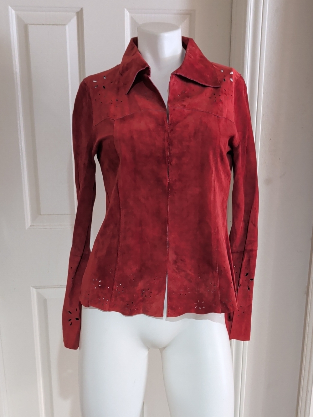 VTG Wet Seal Red Leather Button-Down Shirt w/ Laser-Cut Accents Women's M Y2K
